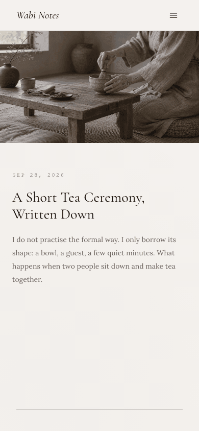Wabi Sabi theme, mobile view of the home page