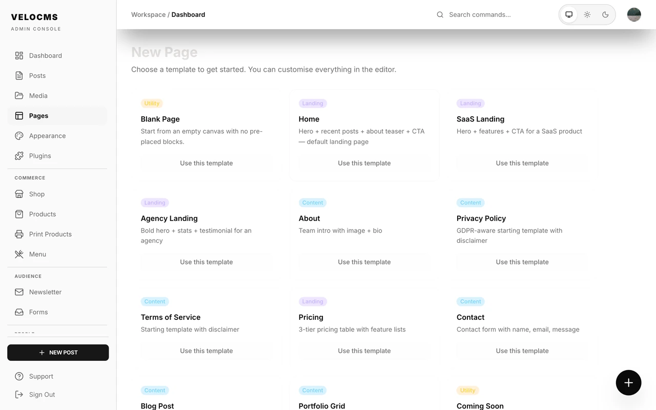 The VeloCMS admin console with the Posts, Media, Pages and Appearance menu and the New Post button