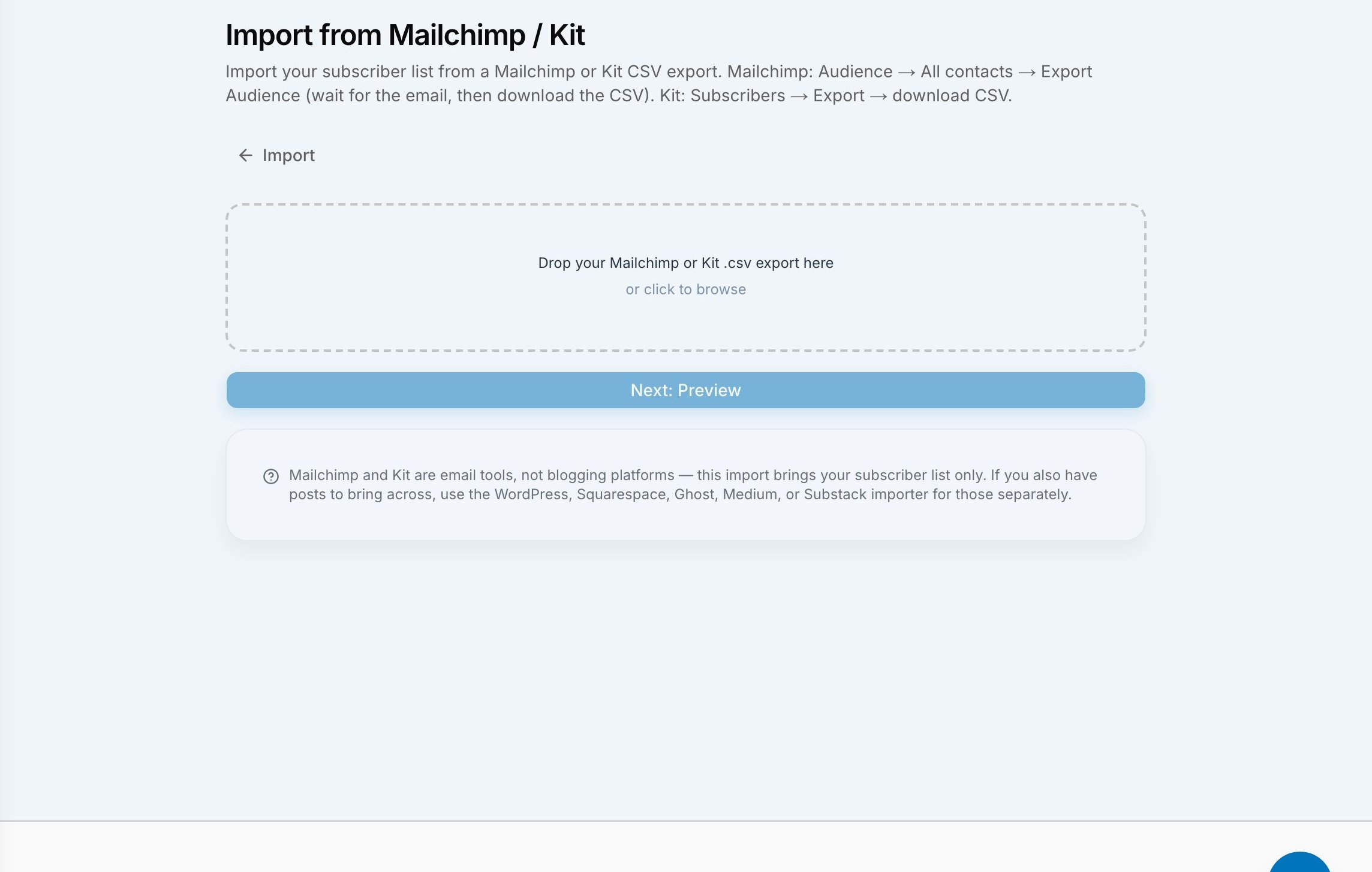 How do I move my newsletter subscribers from Mailchimp, Kit, or beehiiv to VeloCMS?