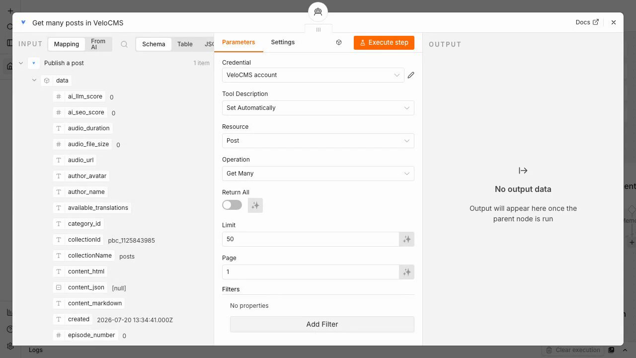 An n8n AI Agent workflow with the VeloCMS node attached as a tool, its description set automatically, processing real post data