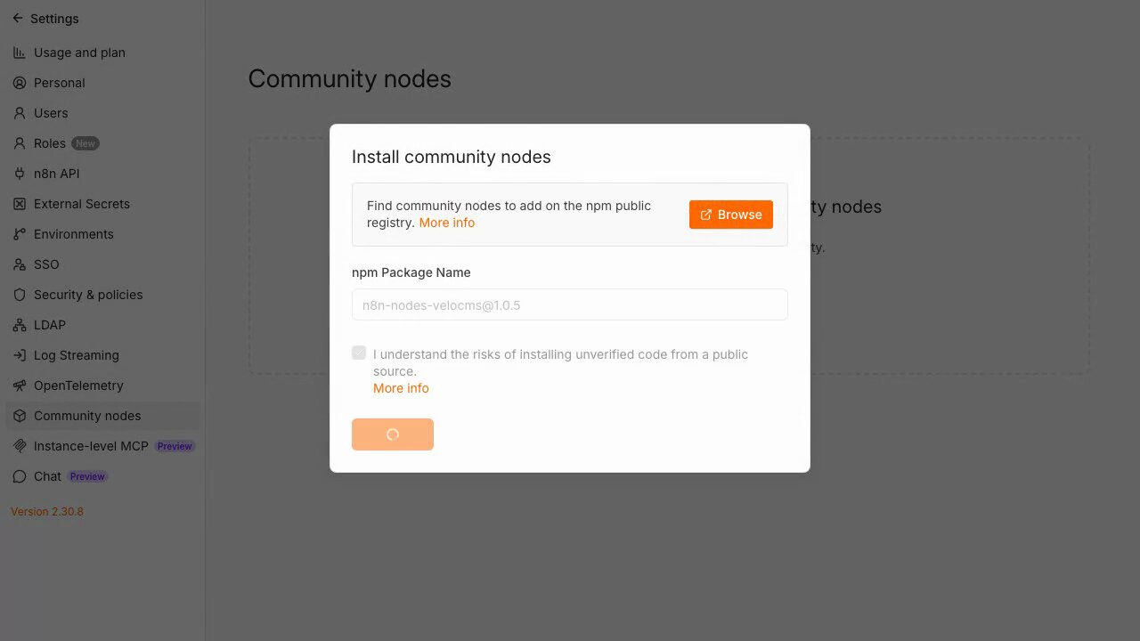 The n8n community nodes install dialog with n8n-nodes-velocms entered in the npm package name field