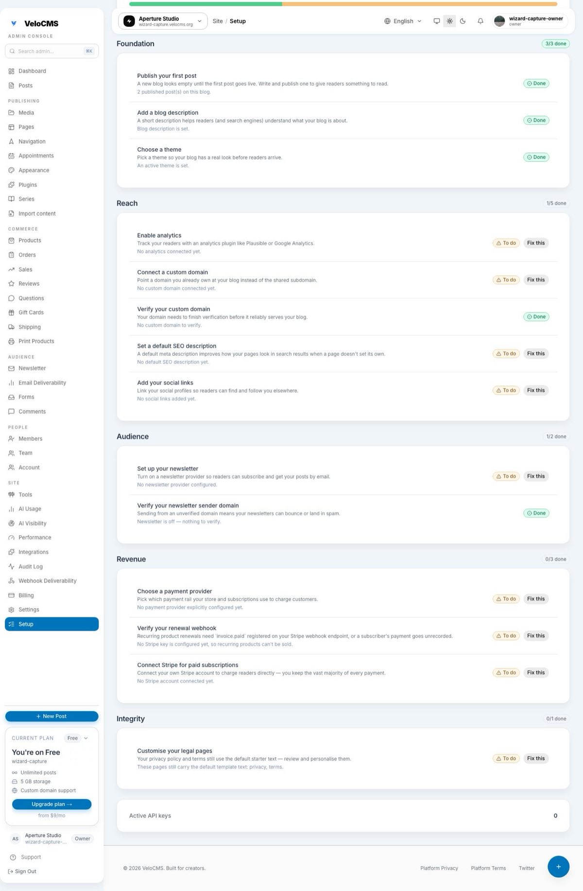 The Reach and Audience categories of the Setup Assistant, showing individual check rows — some marked Done with green badges, others marked To do with a Fix this link beside each