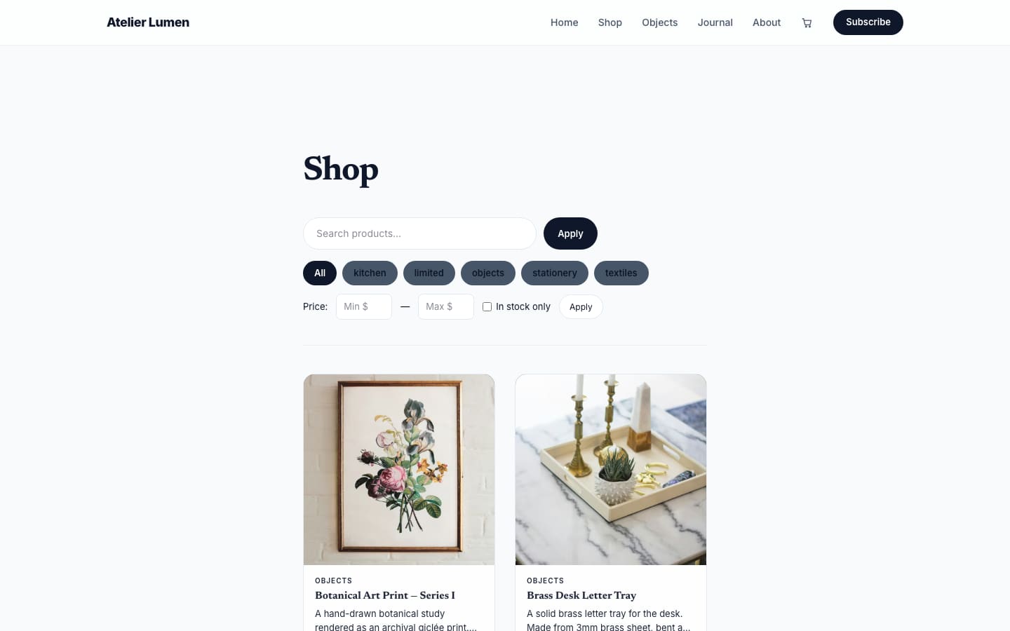 The Atelier theme's shop page, styled as a light, editorial boutique with a large serif headline and rounded category filter pills