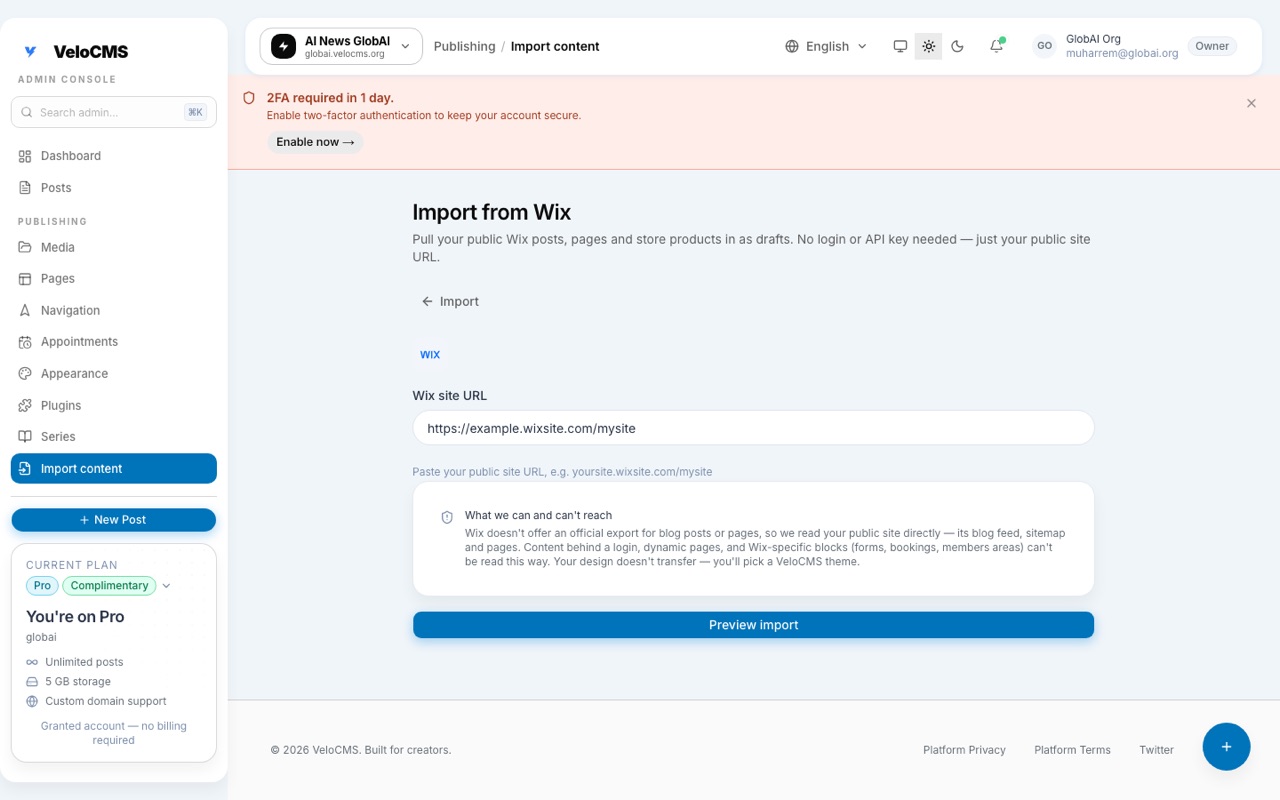 The Wix importer's URL step, asking only for your public site address